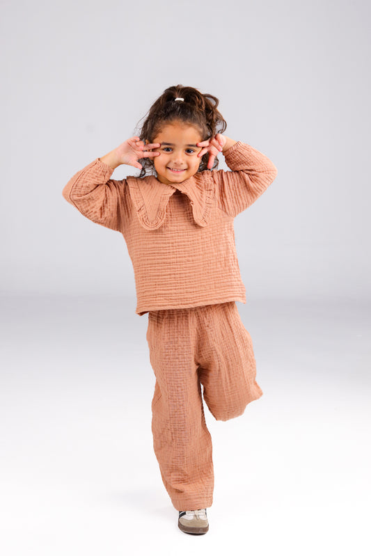 Girls Muslin Blouse Set – Brown