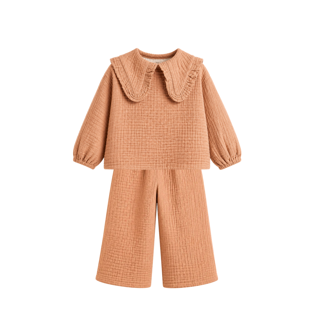 Girls Muslin Blouse Set – Brown