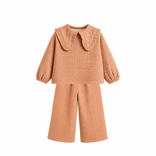 Girls Muslin Blouse Set – Brown